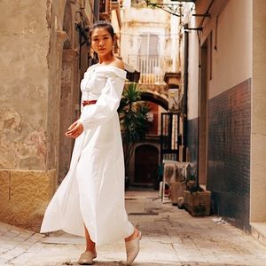 Over the shoulder white dress